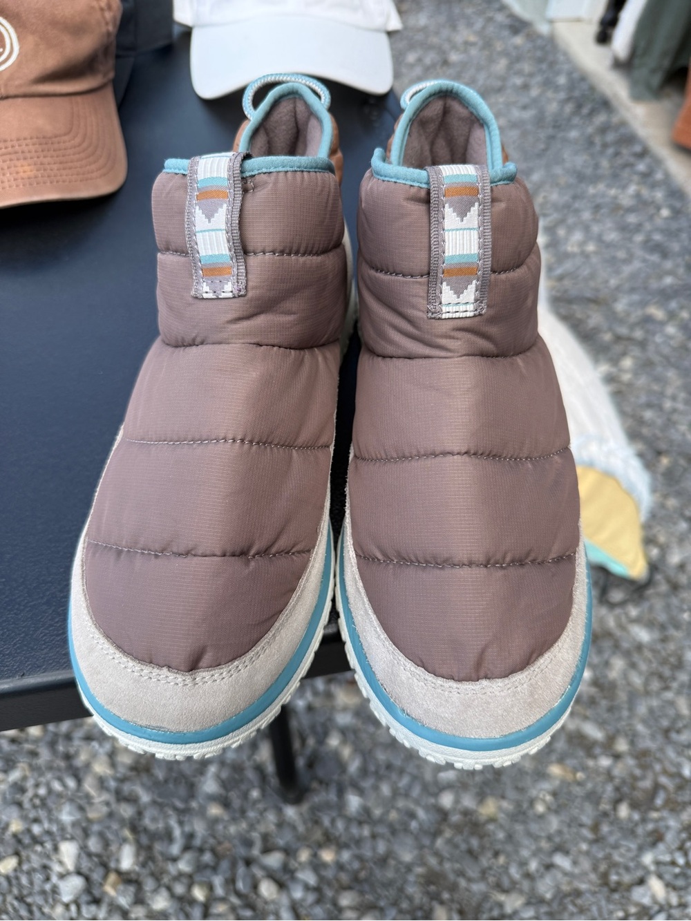 Womens LLBean Quilted Slip-On Winter Shoes in Brown and Light Blue